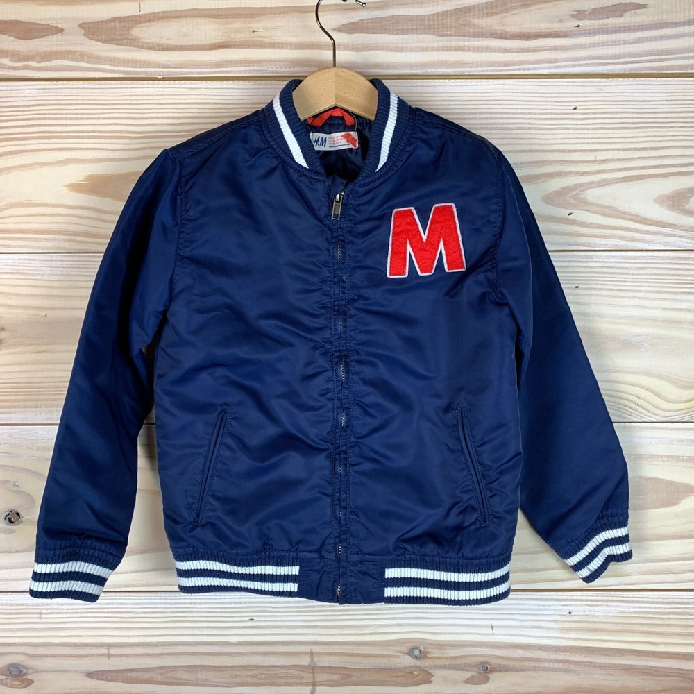 H&M Kids Bomber Jacket Boy 7-8 Full Zip Insulated Flight Letter Patch Varsity